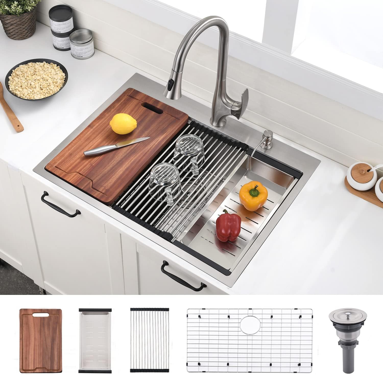 30 Inch Drop In Kitchen Sink - VOKIM 30 x22 Inch Drop In/Topmount Sink Workstation 16 Gauge Stainless Steel 10'' Deep Handmade Kitchen Sink with Cutting Board& Strainer