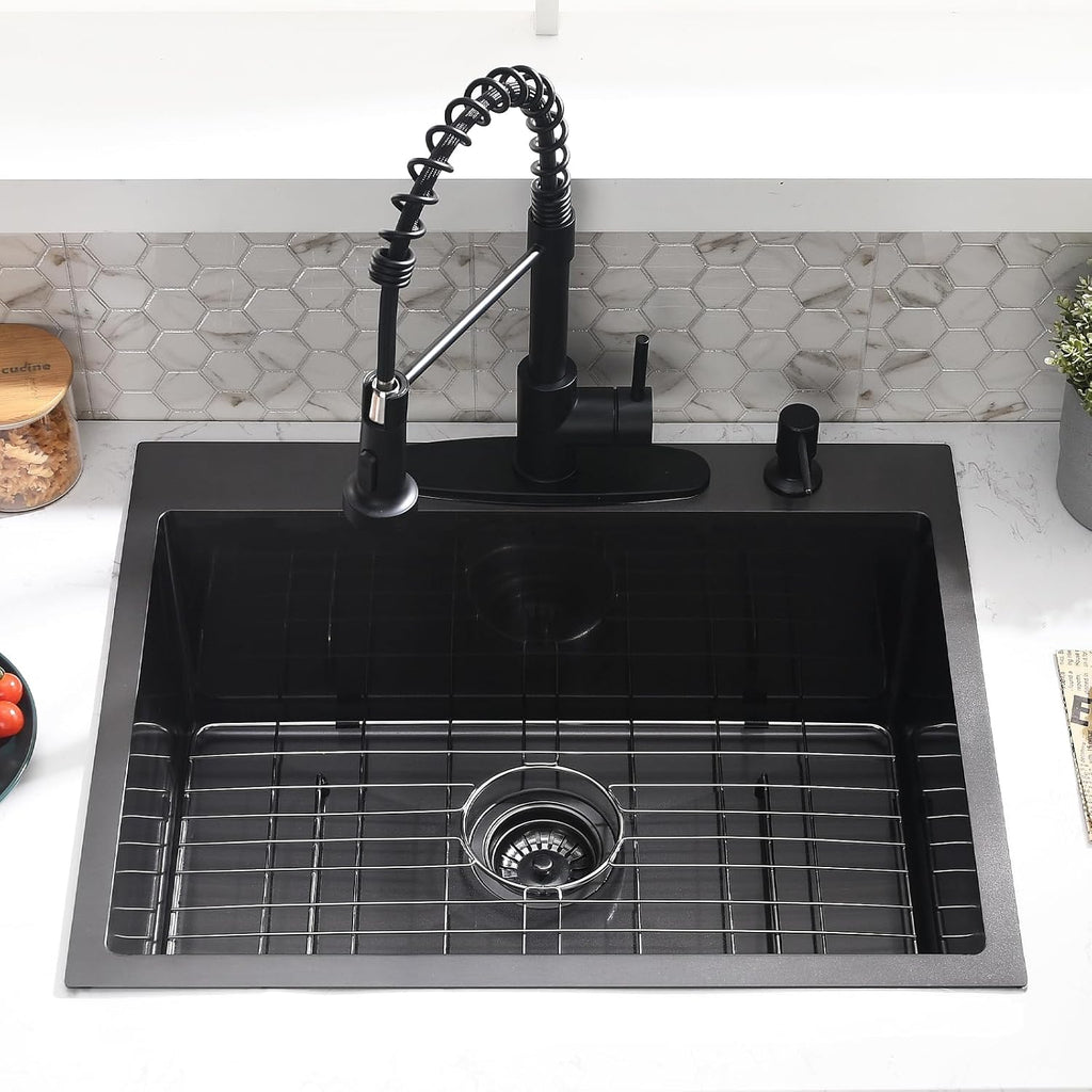 25 Inch Black Drop In Kitchen Sink with Faucet Combo - 25x22 Black Stainless Steel Drop In Sink and Faucet Combo, Single Bowl Kitchen Sink Drop In with Soap Dispenser & Accessories