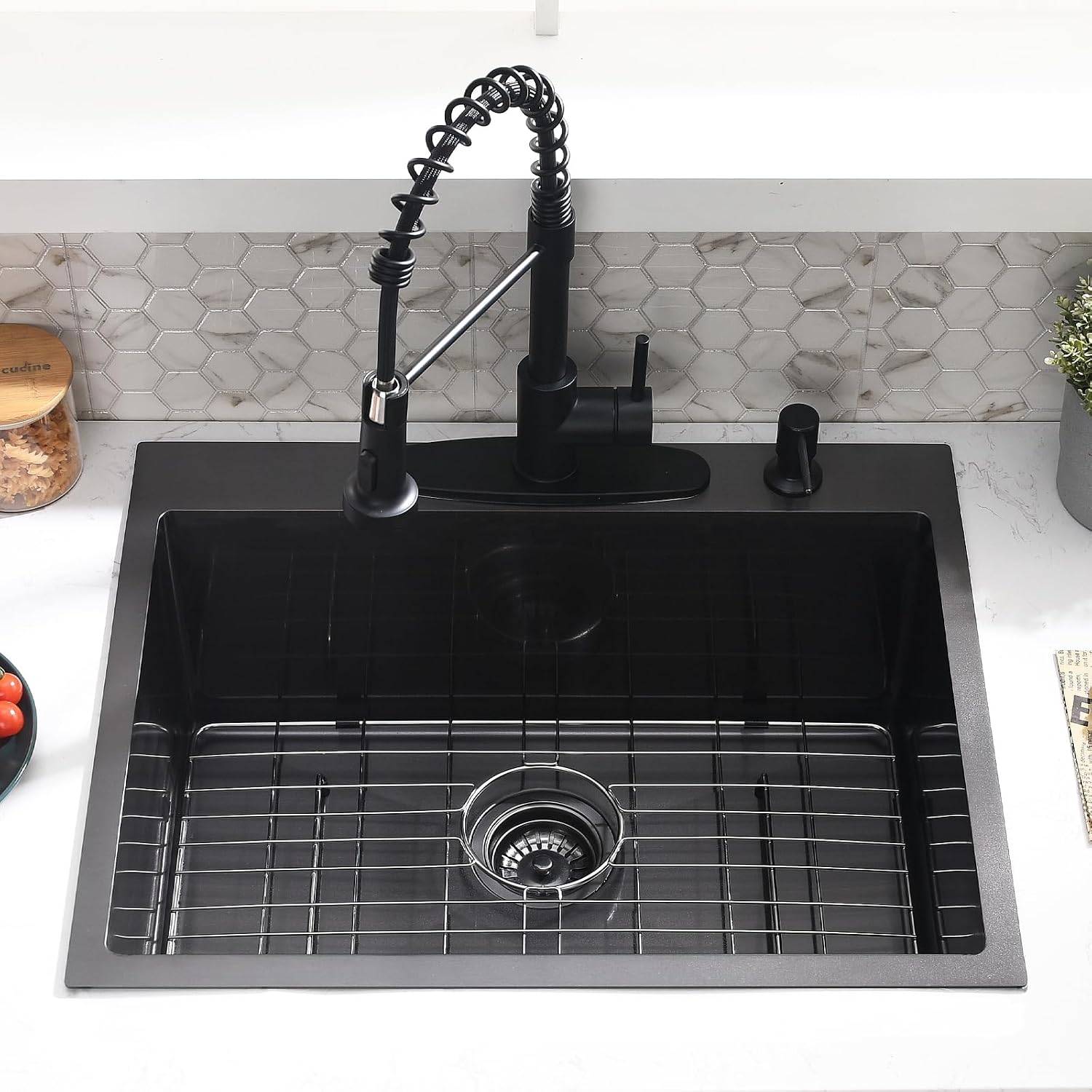25 Inch Black Drop In Kitchen Sink with Faucet Combo - 25x22 Black Stainless Steel Drop In Sink and Faucet Combo, Single Bowl Kitchen Sink Drop In with Soap Dispenser & Accessories