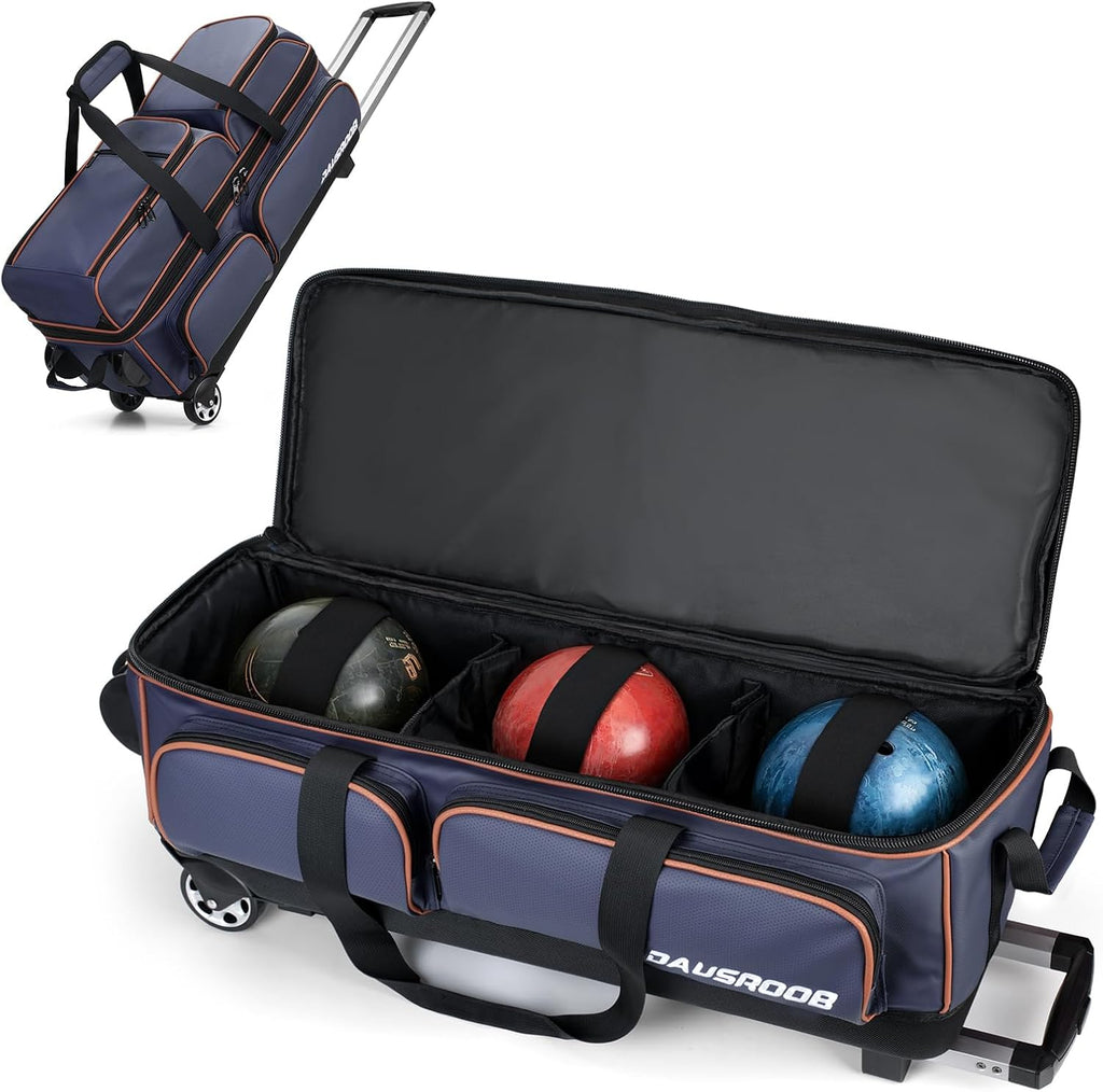 3 Ball Bowling Bags with Wheels, Bowling Bags 3 Ball Roller - 900D Oxford Waterproof PU, Bowling Bag with Multi-Separate Storage Pockets & Retractable Handle Extends to 40''