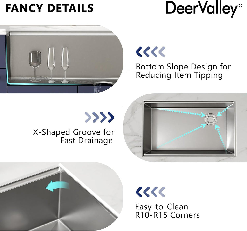 DeerValley Workstation Kitchen Sink 30 Inch, 18 Gauge Stainless Steel Single Bowl Sink, Handmade with Built-In Accessories, Ledge Design & Cutting Board