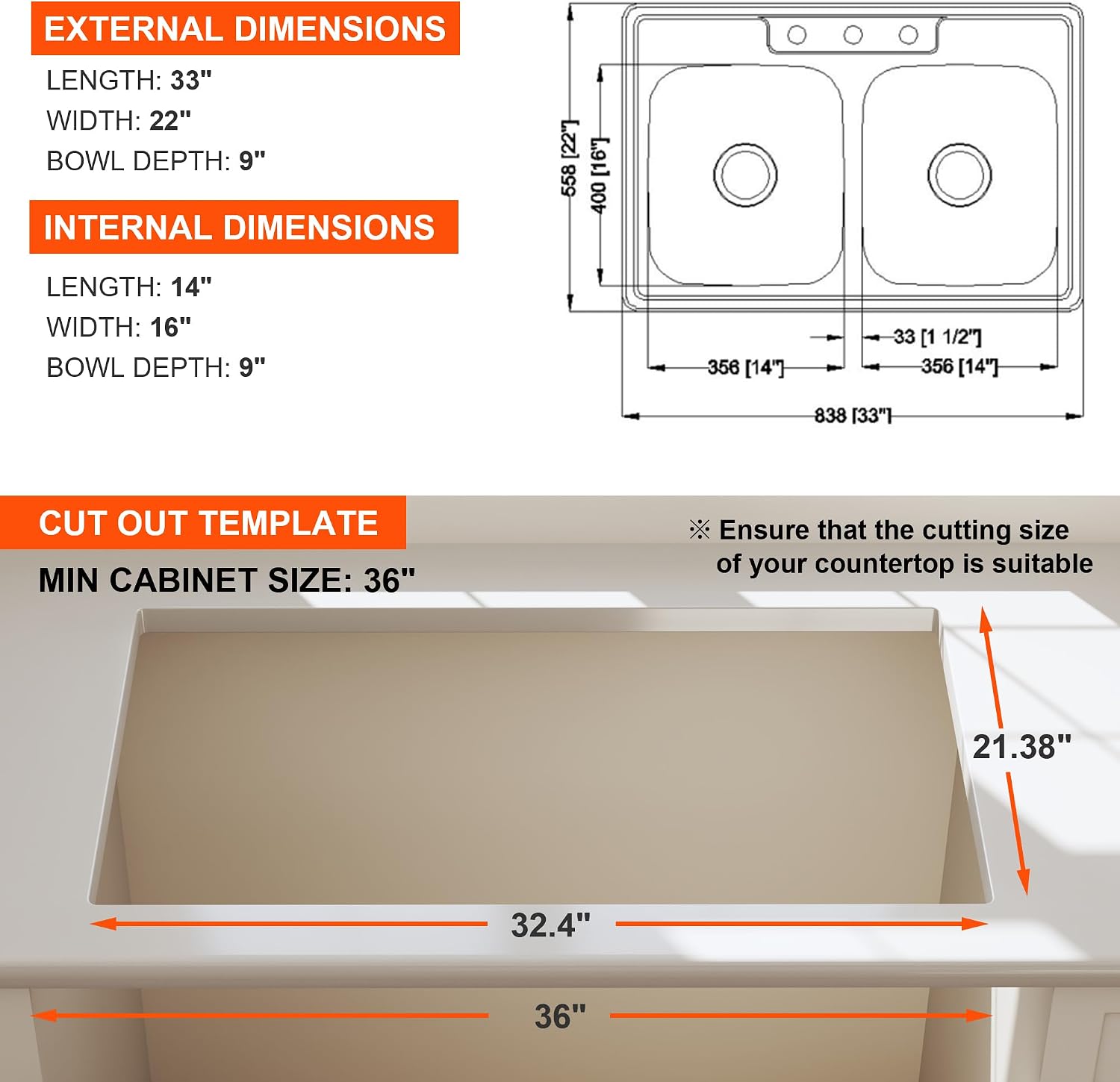 33x22 Drop In Double Bowl Kitchen Sink 33 Inch 50/50 Topmount 18 Gauge Stainless Steel Commercial Grade Satin Finish Sinks with Basket Strainer 33' x 22' x 9'