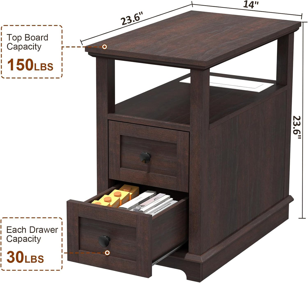 HIFYOBRO Narrow End Table with Flip Top Charging Station Set of 2, Side Table with 2 Drawers, Type-C & USB Port & Power outlets, Wooden Storage Cabinet for Living Room and Bedroom