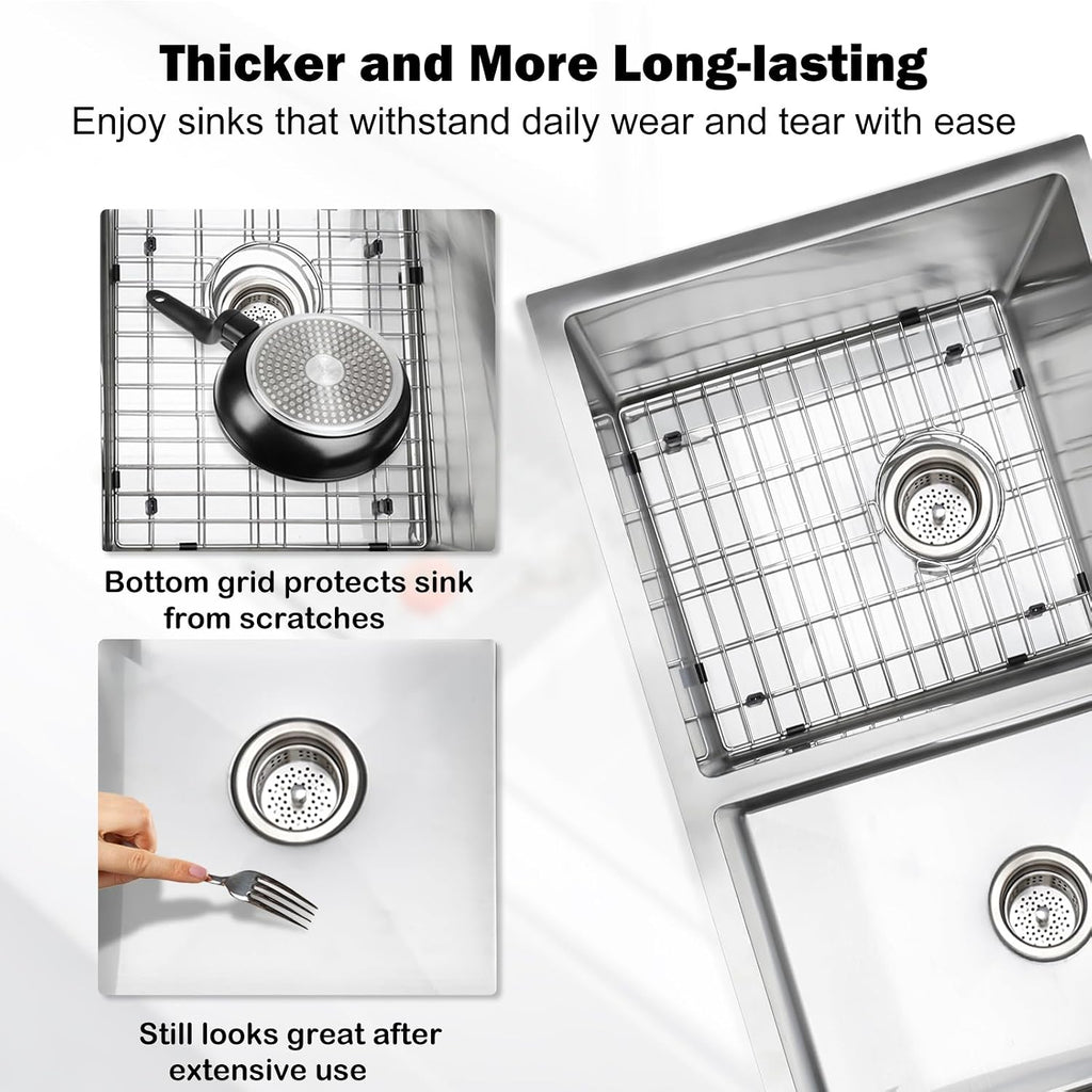 SANYCASA 33 Inch Double Bowl Kitchen Sinks with Quick Drain Slope - 11 Gauge (3mm) 304 Stainless Steel Undermount Kitchen Sink with Accessories