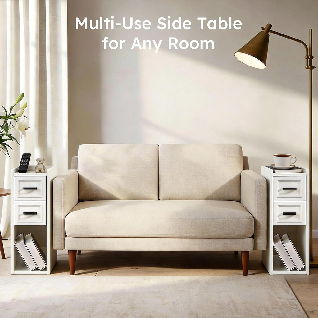 Narrow Nightstand Set of 2, Modern White Bedside Table with Drawers & Open Shelf, Modern End Table for Bedroom Small Spaces, Apartments, Renters