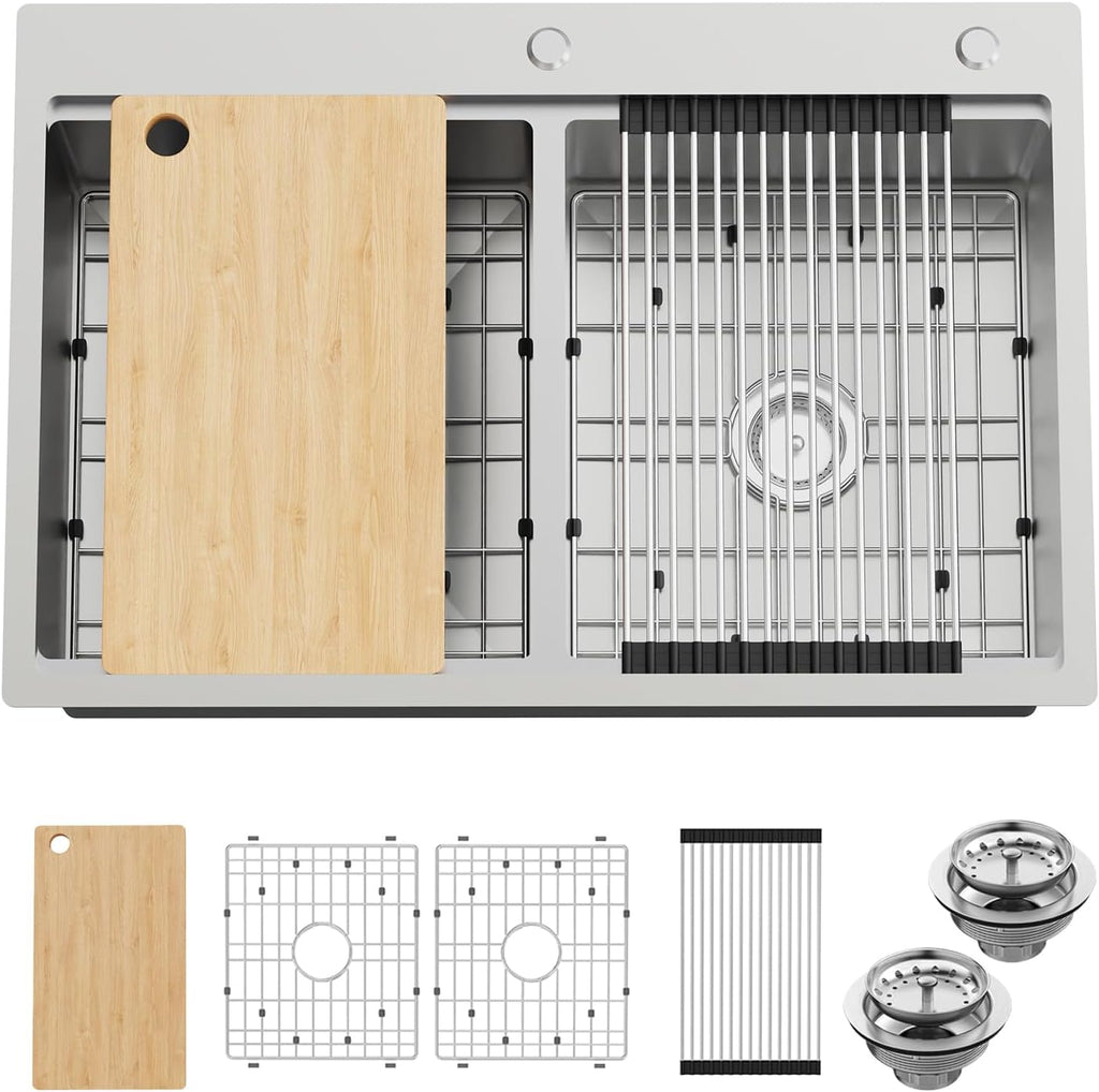 50/50 Double Bowl Kitchen Workstation Sink, 33'x22' Stainless Steel Drop In Kitchen Sink Easy To Multitasking With Cutting Board,Drying Rack,Silicon Mat,Stainless Grid And Drain Assembly