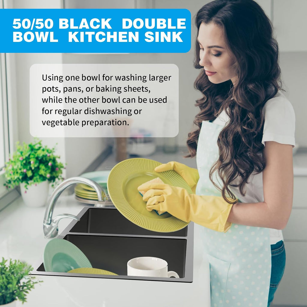 Black Kitchen Sink, 50/50 Double Bowl 33x19x8 Inch Undermount Stainless Steel Drop In Large Kitchen Sink Combo-Stainless Grid, Silicon Mat, Installation Clips For Modern SS Stylish Kitchen&Bar