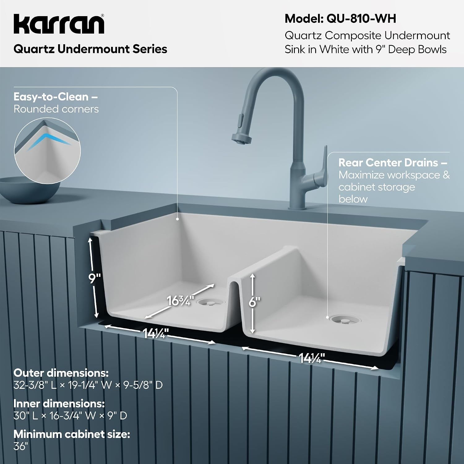 Karran 32' White Quartz Composite Undermount Double Bowl Kitchen Sink with Low Divider – 50/50 Equal Bowl, 535°F Heat Resistant, Sound Dampening, QU-810