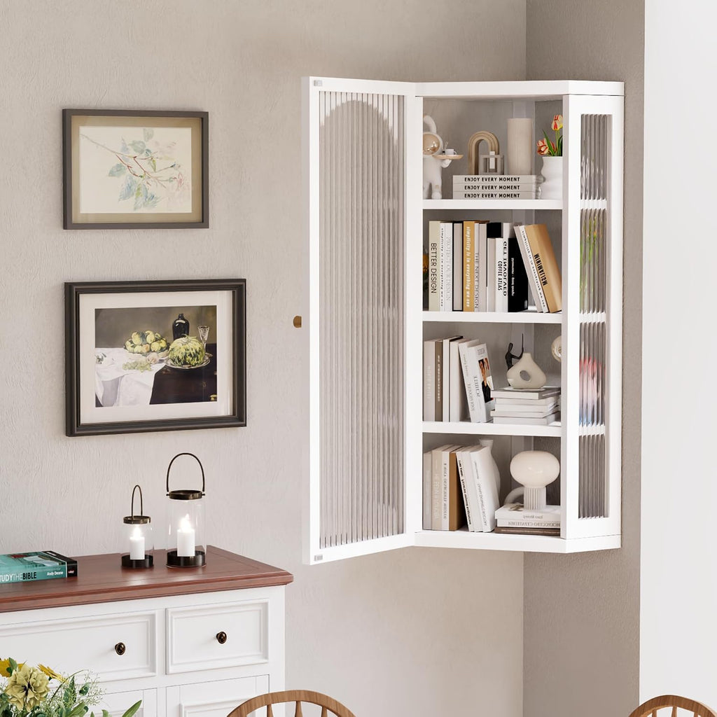 Bathroom Corner Wall Cabinet, Metal Medicine Cabinet with Glass Doors and Shelves, Hanging Corner Storage Cabinet for Bathroom, Kitchen, Laundry Room (White)