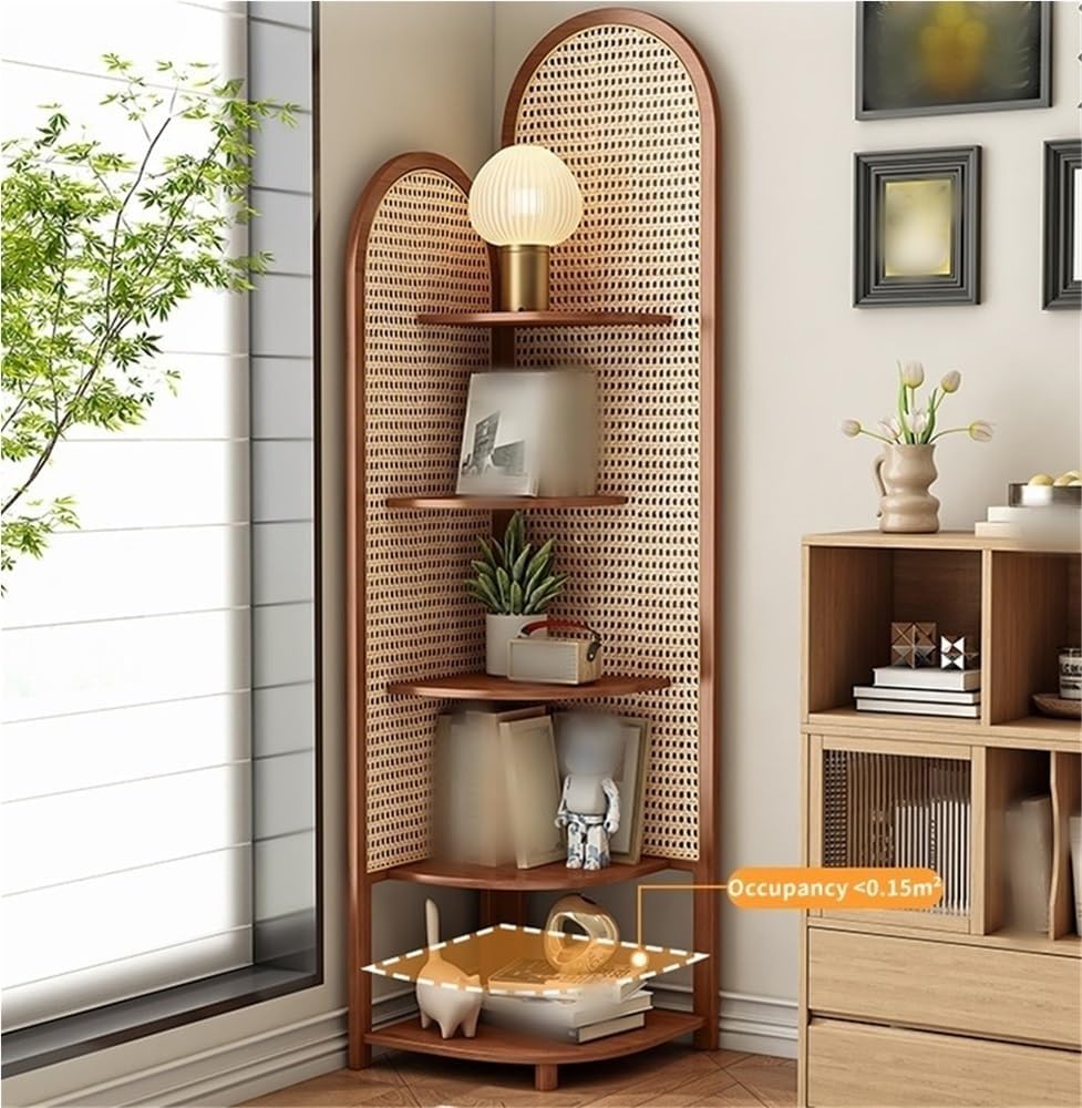 5 Tier Rattan Corner Shelf, Multi-Functional Corner Shelf, Corner Bookshelf, Triangular Rattan Shelf for Living Room, Bedroom(Brown)