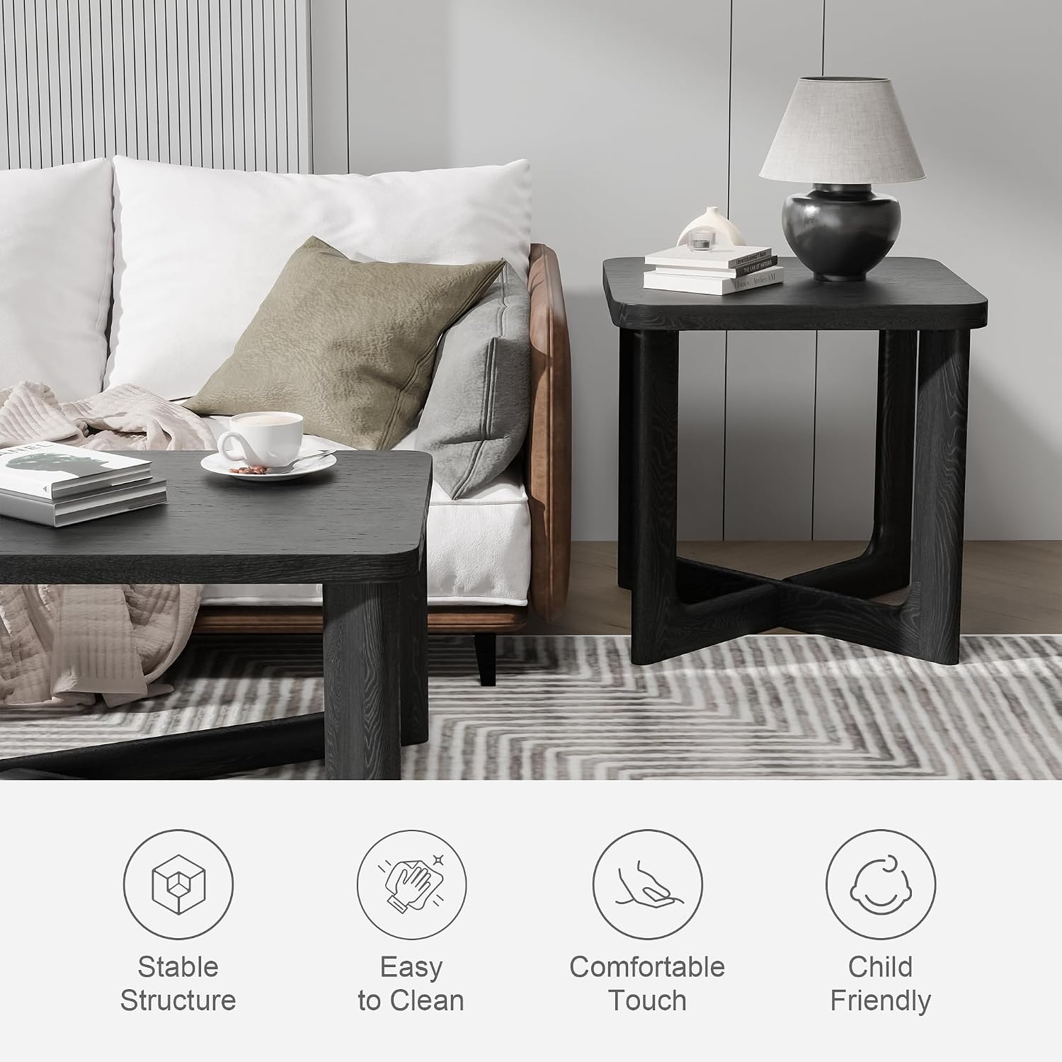 Casaphoria 24' End Side Table, Solid Wood Sofa Table with Cross Sturdy Legs, Slim Beside Table, Nightstand Telephone Table for Bedroom, Living Room, Restaurant, Small Spaces, Black