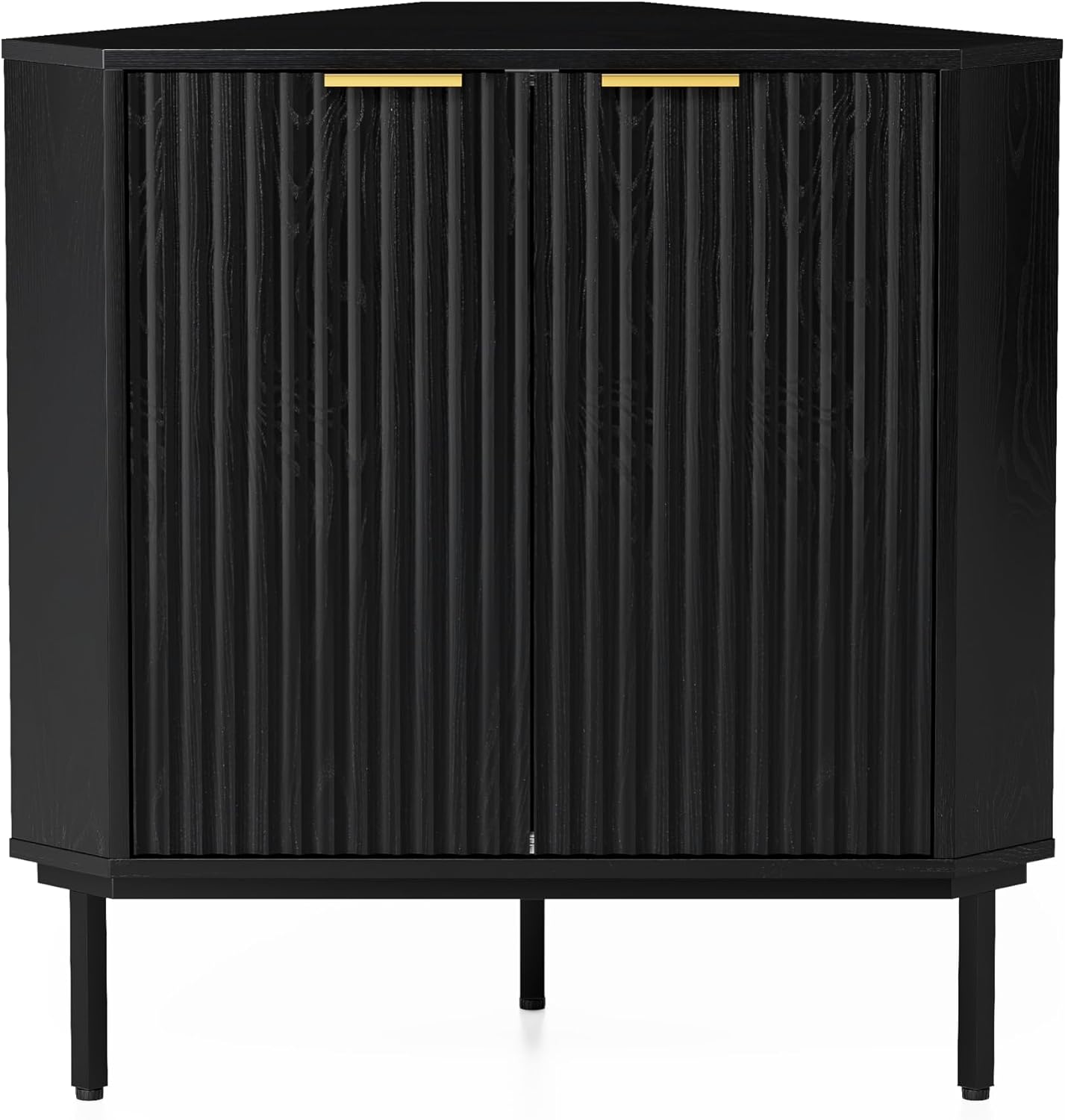 EYYTHUNG Fluted Corner Cabinet, Modern Small Corner Floor Cabinet with 2 Doors and 2-Tier Shelves, Freestanding Narrow Organizer for Living Room Kitchen Bathroom, Black
