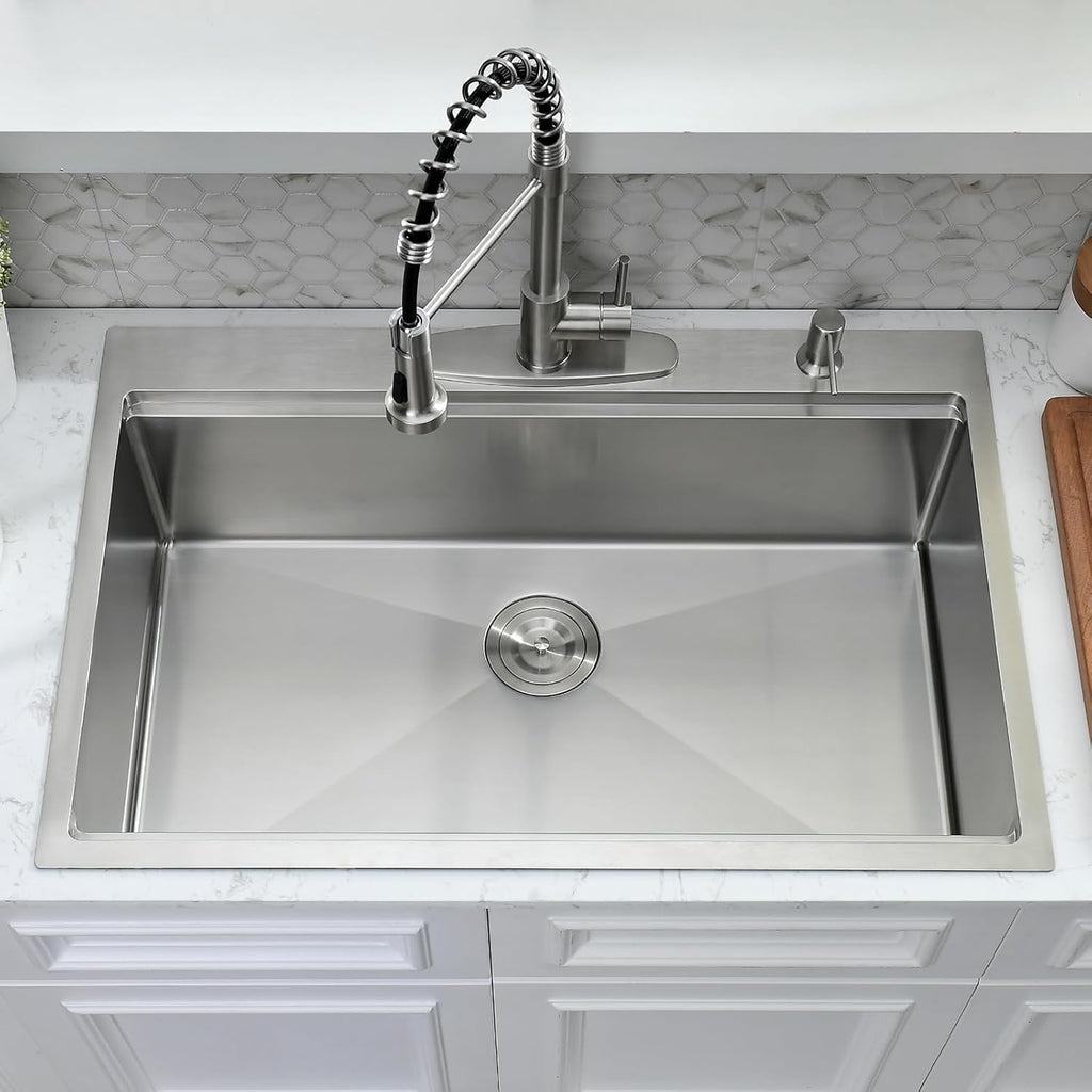 33x19 Drop In Kitchen Sink with Faucet Combo - 33 Inch Single Bowl Kitchen Sink Workstation, 10 Inch Deep Stainless Steel Topmount Sinks with Accessories