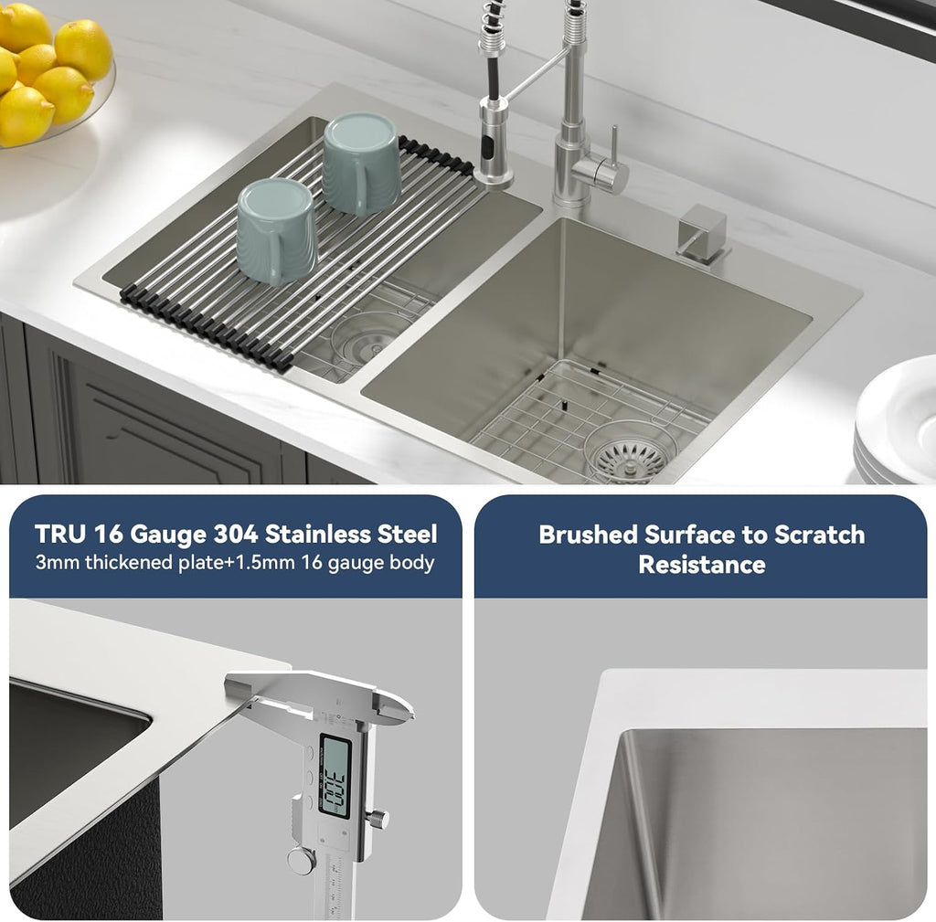 Lordear 33 Inch Drop in Kitchen Sink Double Bowl Kitchen Sinks 16 Gauge 304 Stainless Steel 50/50 Topmount Double Basin Sink