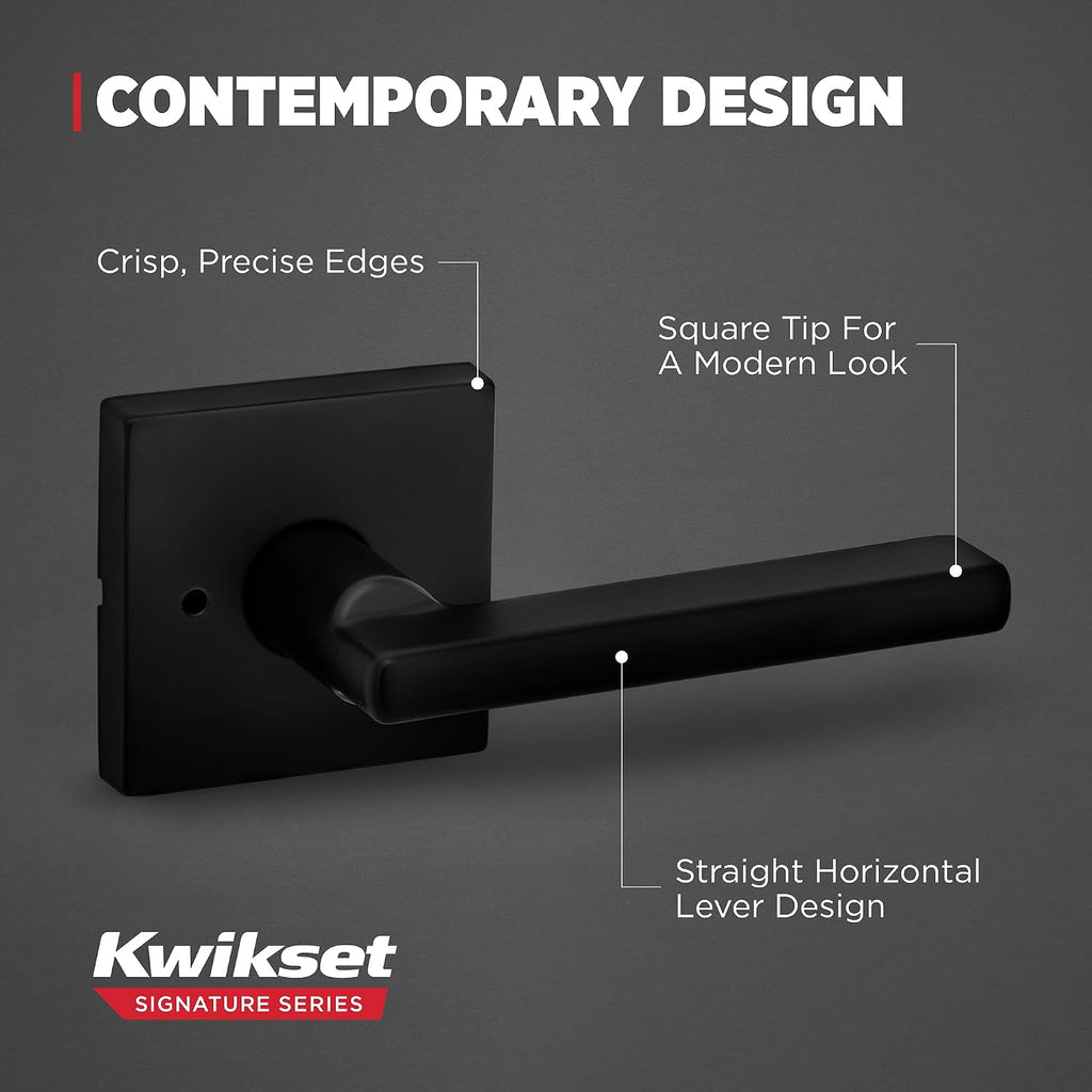 Kwikset Halifax Interior Privacy Door Handle with Lock, Door Lever for Bathroom and Bedroom, Matte Black, Reversible Keyless Turn Lock, with Microban Protection, 4 Pack