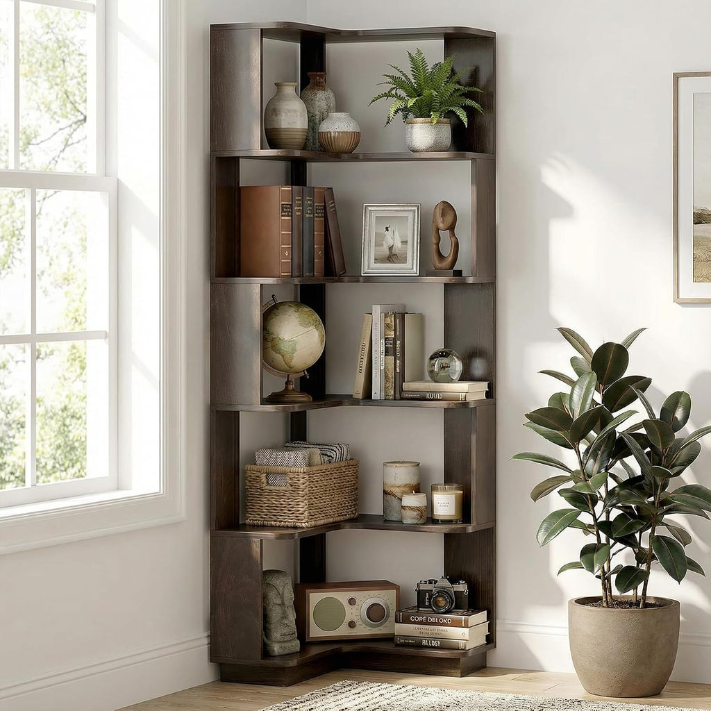 5 Tier Corner Bookshelf, Freestanding L-Shaped Wooden Bookcase with Open Shelves, Anti-Fall Panels and Anti-Tipping Device for Living Room, Bedroom, Home Office (Dark Brown)