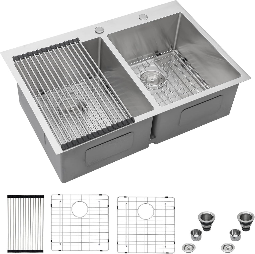 Mocoloo 33 Drop In Kitchen Sink Double Bowl 33 x 22 Drop Sink Double Bowl 50/50 T304 Stainless Steel 16 Gauge Topmount Handmade, 10 Inch Deep