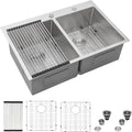 Mocoloo 33 Drop In Kitchen Sink Double Bowl 33 x 22 Drop Sink Double Bowl 50/50 T304 Stainless Steel 16 Gauge Topmount Handmade, 10 Inch Deep