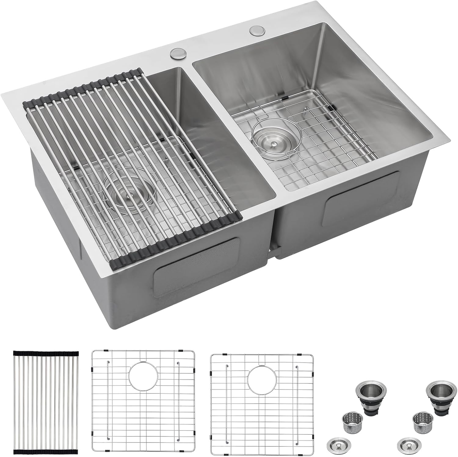 Mocoloo 33 Drop In Kitchen Sink Double Bowl 33 x 22 Drop Sink Double Bowl 50/50 T304 Stainless Steel 16 Gauge Topmount Handmade, 10 Inch Deep