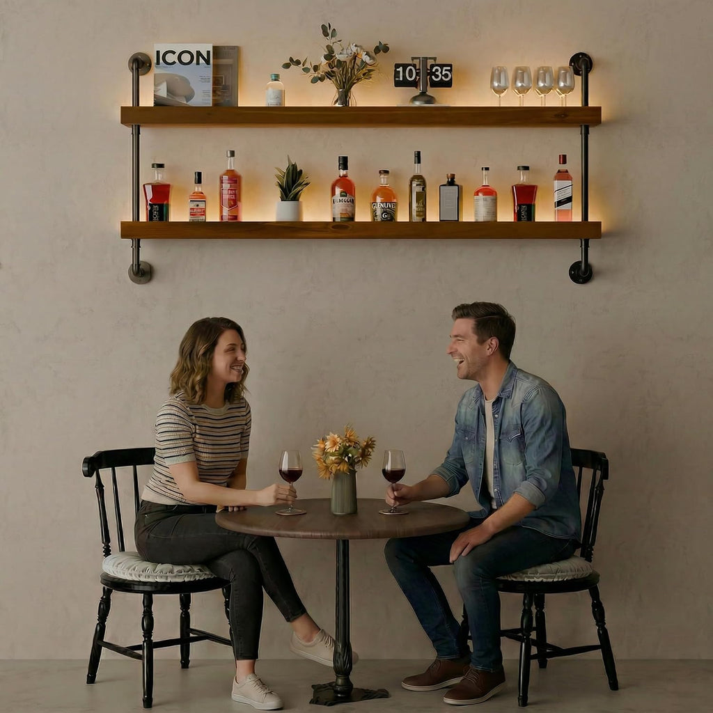 Wall Mounted Wine Rack with LED Light, LED Industrial Pipe Wine Shelf, 2-Tier Hanging Bottle Rack, Bar Storage Shelf for Bottles (Walnut Brown, 48')