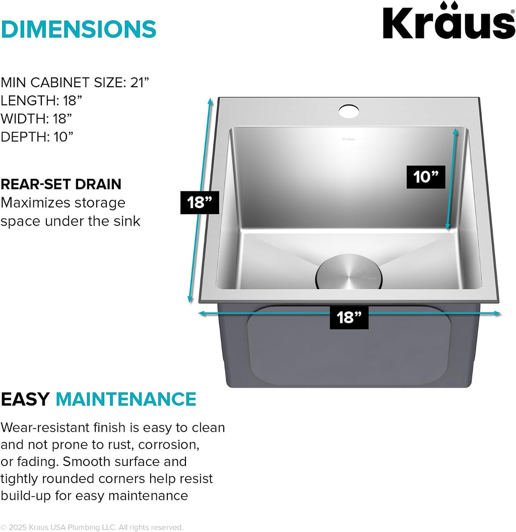 KRAUS 18 x 18 inch Standart PRO™ Drop-In Top Mount 16 Gauge Single Bowl 1-Hole Stainless Steel Kitchen Sink Set (5 Item Bundle: Sink, Bottom Grid, Drain Assembly, Drain Cap, Kitchen Towel), KHT301-18