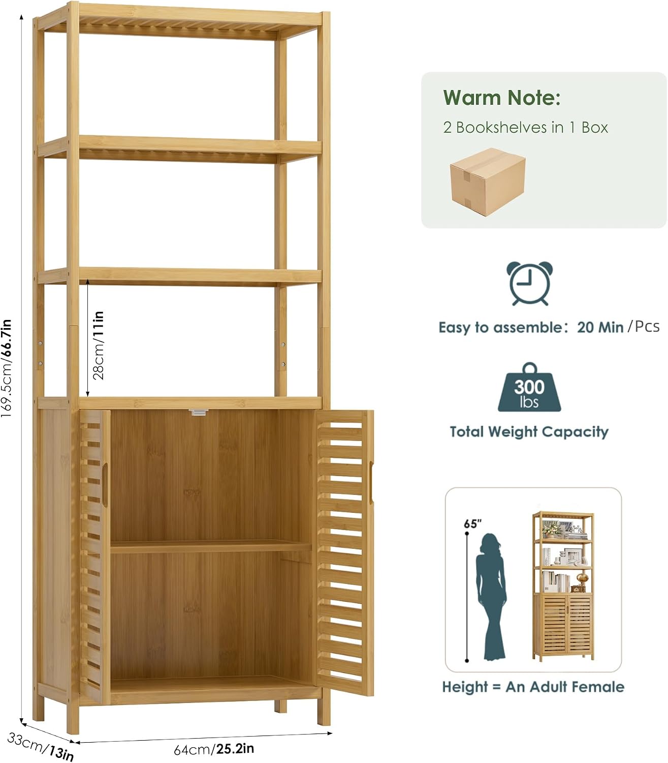 HIFIT 2 Set Tall Shelf Unit Bamboo Storage Cabinet with Doors, 5-Tier Bookshelves and Bookcases with Storage and Display, 67' Tall Cabinet w/Plant Stand for Bathroom,Living Room,Kitchen Dining,Balcony