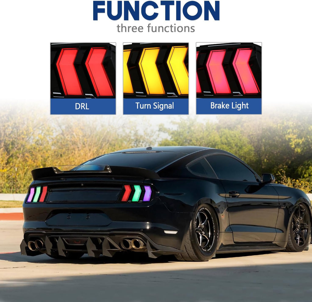 HCmotion LED Tail Lights For Ford Mustang Euro 2015-2023 (6 Lighting Modes), Start UP Animation With Sequential Turn Signal Rear Lamp Kit Assembly (Clear-RG)