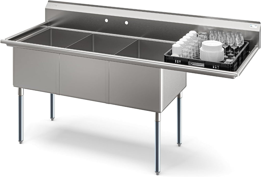 KoolMore 81 in. Three Compartment 18-Gauge Stainless-Steel NSF Commercial Kitchen Sink, Bowl Size 18x24x14, with Three Basins and Pre-Drilled Faucet Holes with Right Drainboard (KM-SC182414-24R3)