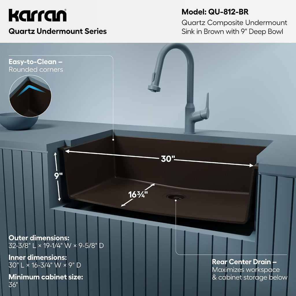 Karran Undermount 33' Large Single Bowl Granite Quartz Composite Kitchen Sink in Brown – Extra Deep 9' Basin, Heat & Scratch Resistant, Sound Dampening, Rear Drain – QU-812