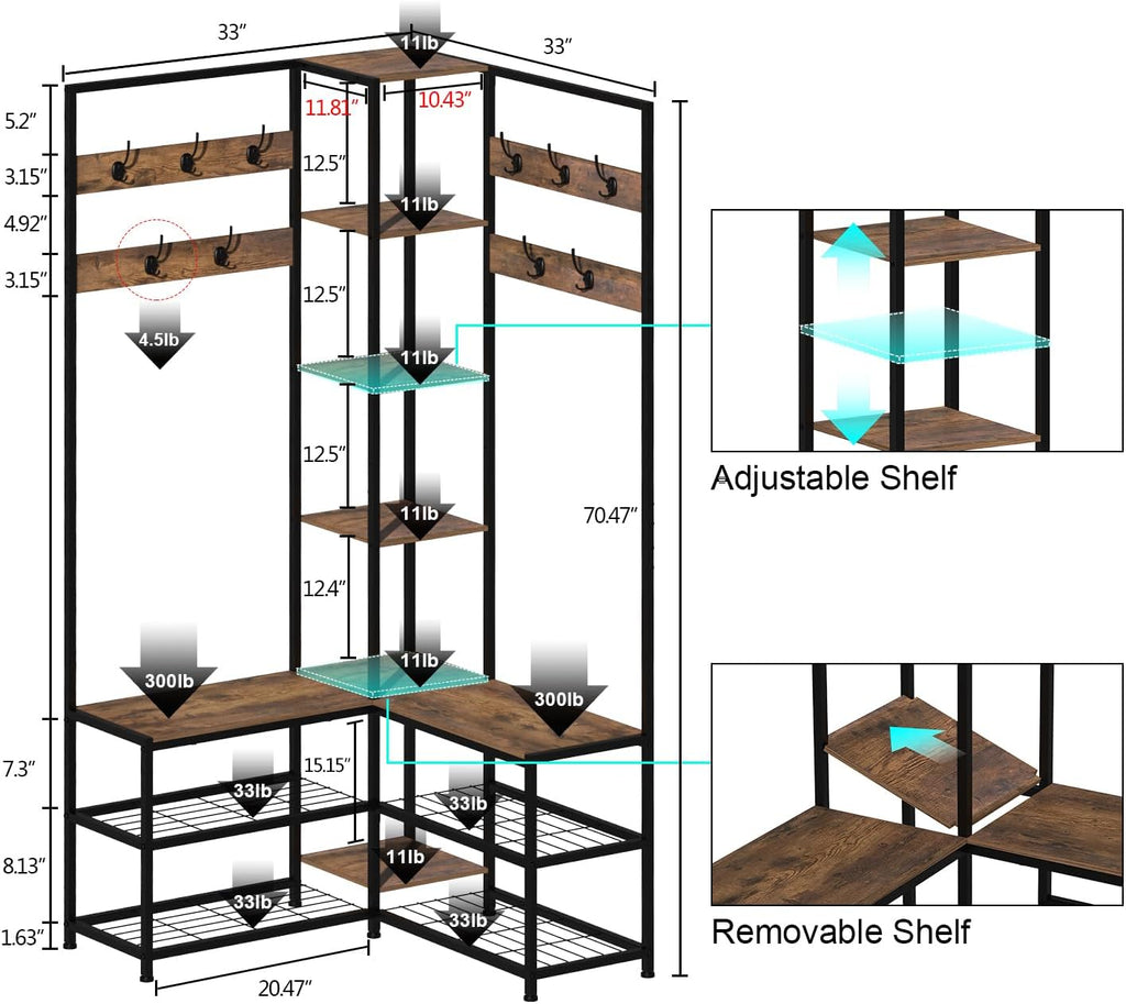 GiftGo Corner Hall Tree with Shoe Rack Storage Bench Display Open Shelves Modern Industrial Entryway Coat Rack Stand for Home Living Room Mudroom Bedroom Multifunctional 5 in 1 (Rustic Brown)