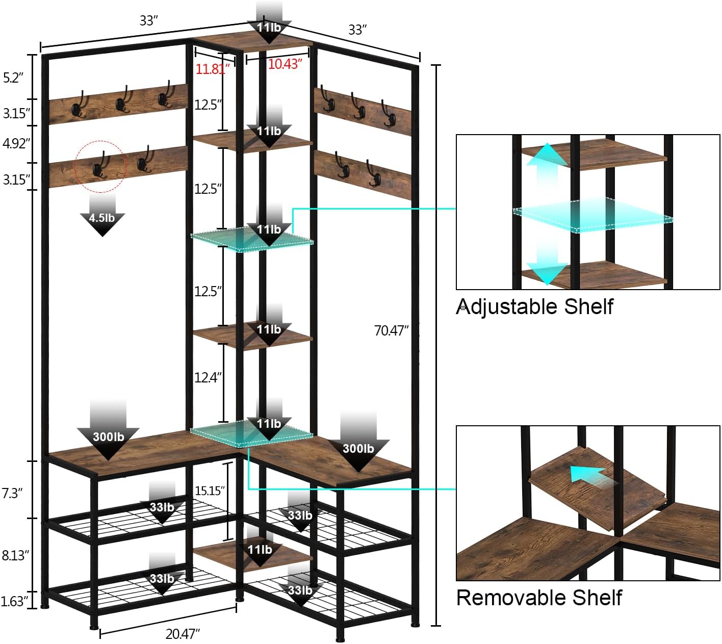 GiftGo Corner Hall Tree with Shoe Rack Storage Bench Display Open Shelves Modern Industrial Entryway Coat Rack Stand for Home Living Room Mudroom Bedroom Multifunctional 5 in 1 (Rustic Brown)