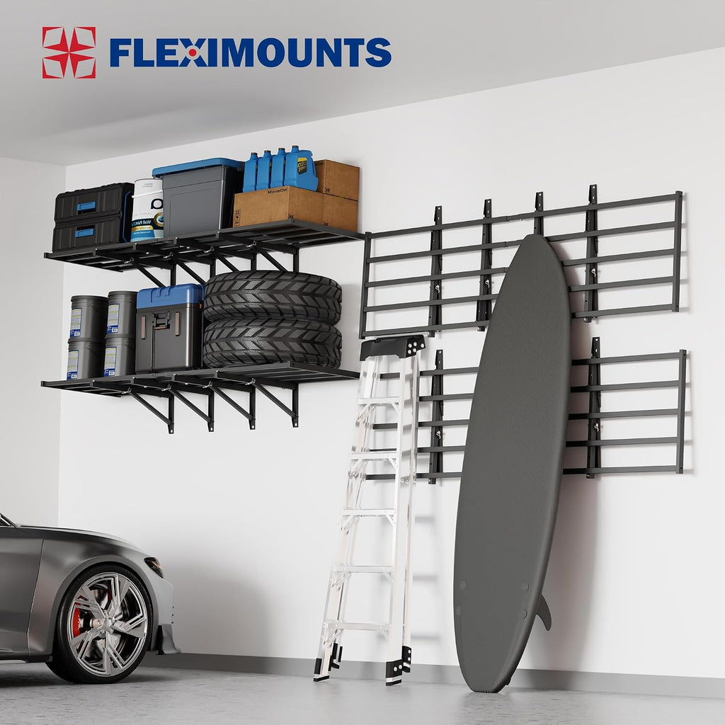 FLEXIMOUNTS Fold-Down 2x6ft Garage Wall Shelving, 4-Pack Heavy Duty Folding Garage Shelving Wall Mounted, 1800 lbs Capacity, Storage for Power Tools, Garden Supplies & Seasonal Storage, Lite Series