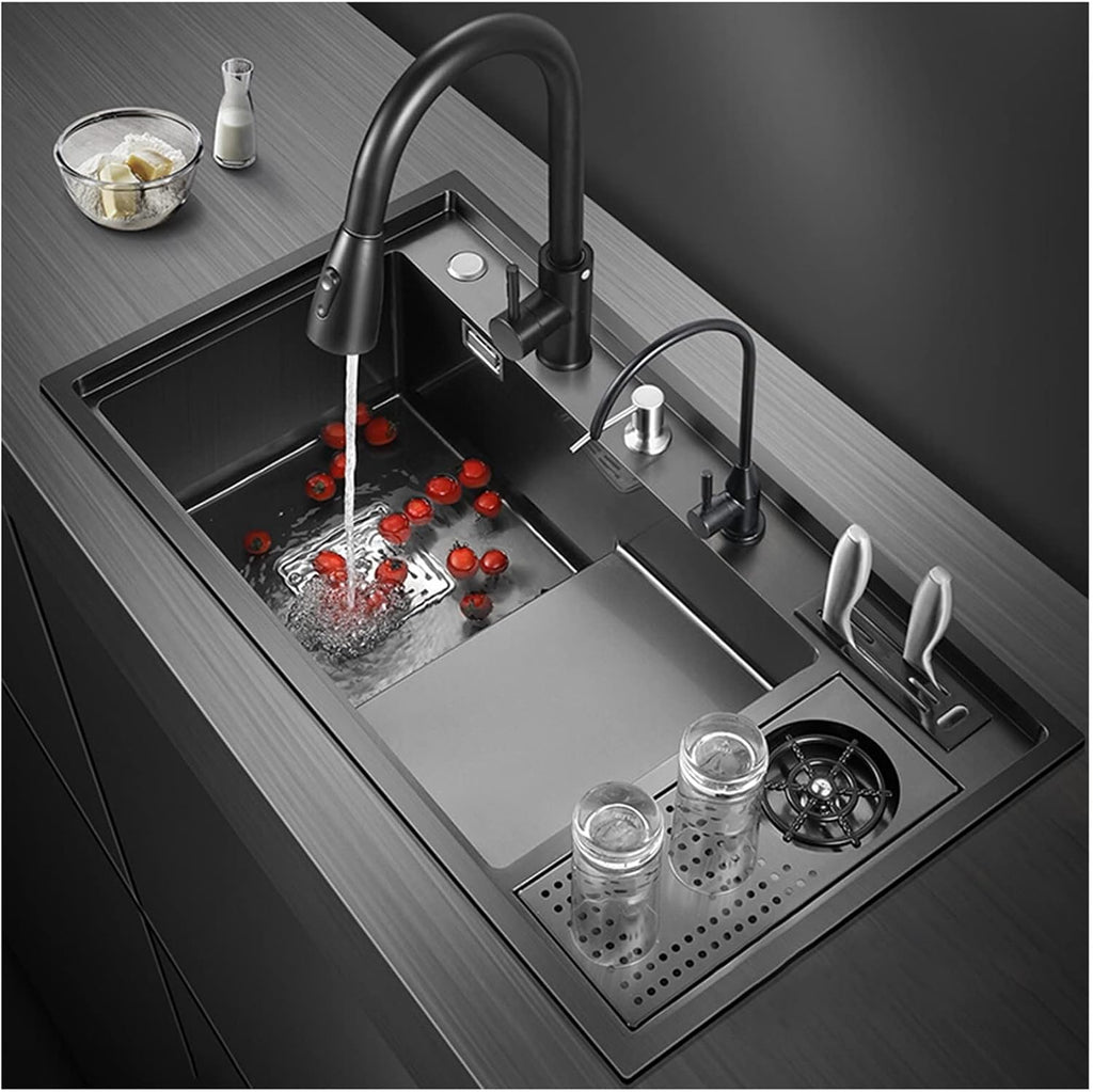 Nano-Stepped Cup Washer Sink 304 Stainless Steel Handmade Kitchen Sink Multi-Function Single Bowl Bar Preparation Sink with Pull-Out Faucet Top Mount Or Undermount (Blackb 82x46x22cm)