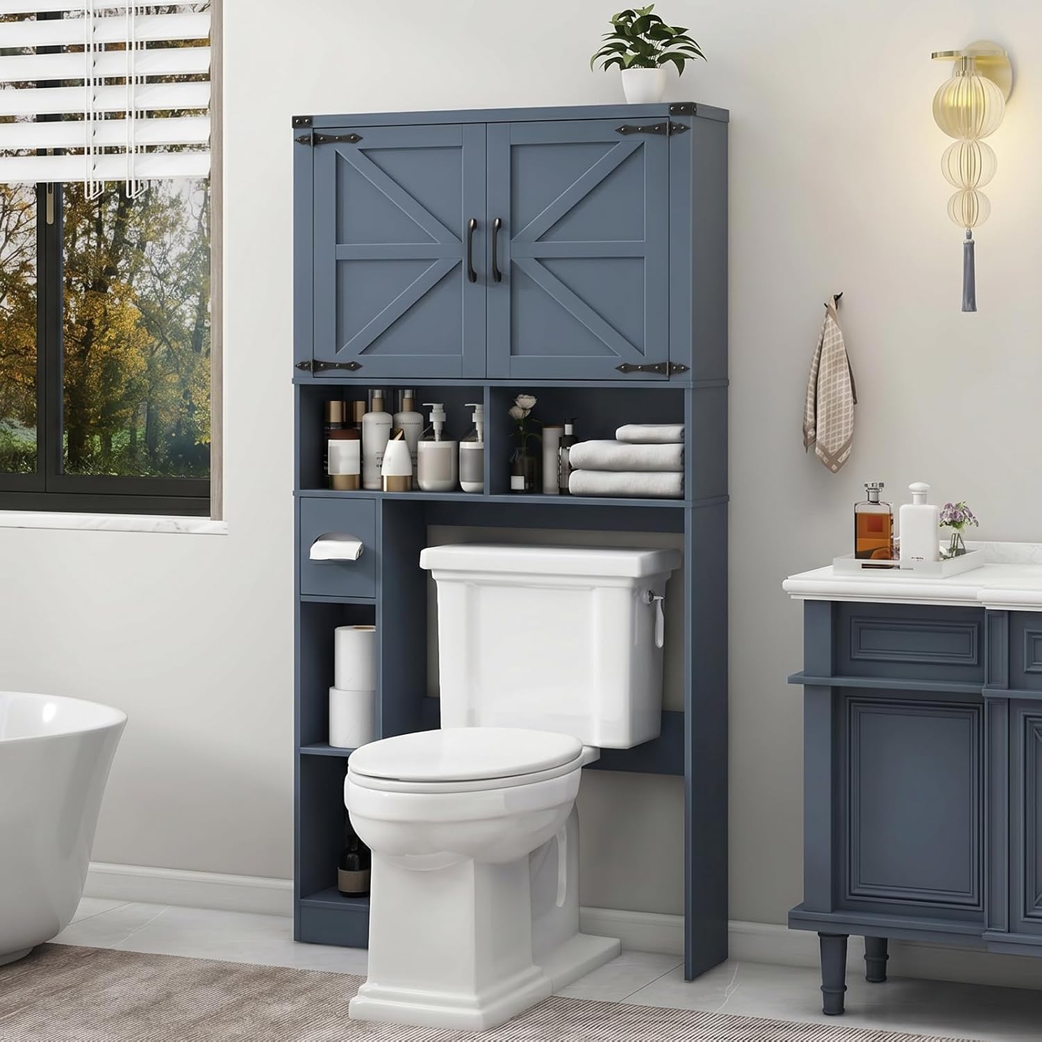Vabches Over The Toilet Storage Cabinet, Farmhouse Storage Cabinet Over Toilet with 2 Barn Doors & Toilet Paper Holder Stand，Home Space-Saving Toilet Rack, for Laundry, Restroom, Bathroom.Blue