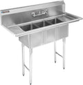 DuraSteel Stainless Steel Kitchen Sink - Triple 10' x 14' x 10' Bowl with No Lead Faucet - 3 Compartment Commercial Sink w/ Drainboards - For Restaurant, Laundry, Garage & Backyard - NSF Certified