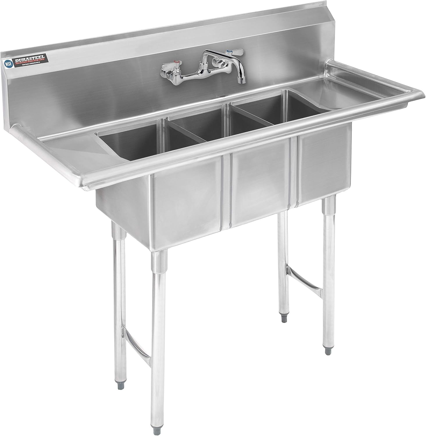 DuraSteel Stainless Steel Kitchen Sink - Triple 10' x 14' x 10' Bowl with No Lead Faucet - 3 Compartment Commercial Sink w/ Drainboards - For Restaurant, Laundry, Garage & Backyard - NSF Certified