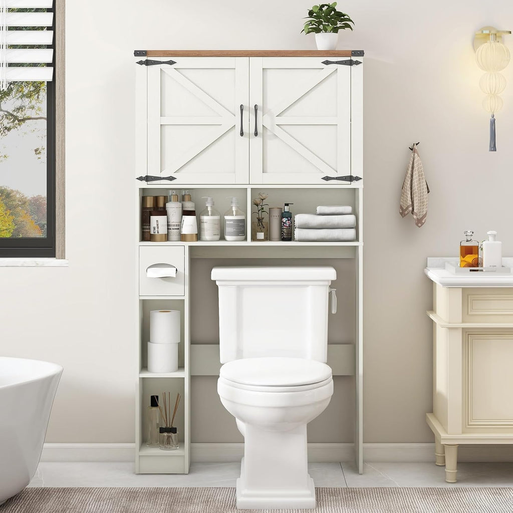 Vabches Over The Toilet Storage Cabinet, Farmhouse Storage Cabinet Over Toilet with 2 Barn Doors && Toilet Paper Holder Stand，Home Space-Saving Toilet Rack, for Laundry, Restroom, Bathroom