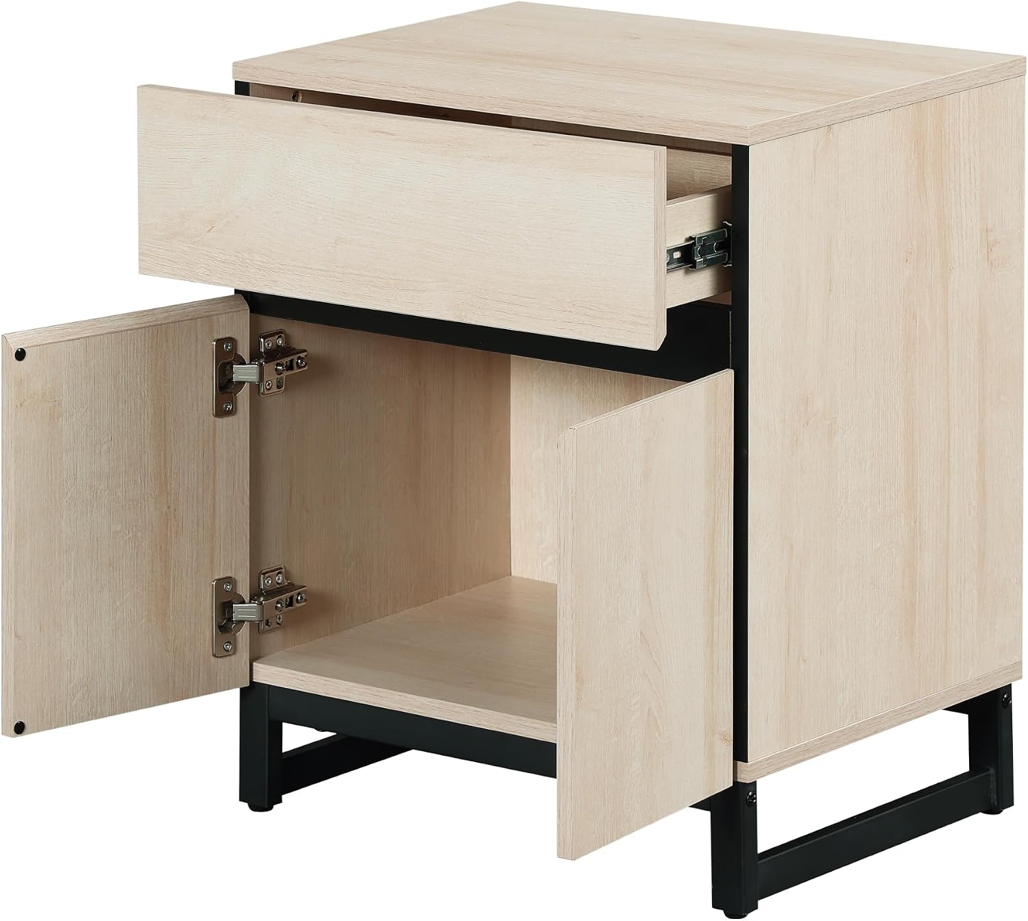 WAMPAT 2 Piece Modern End Table with 1 Drawer & 1 Storage Cabinet, Farmhouse Sofa Table, Wooden Rustic Side Sofa Table Metal Leg for Living Room, Nighstand for Bedroom, Light Oak