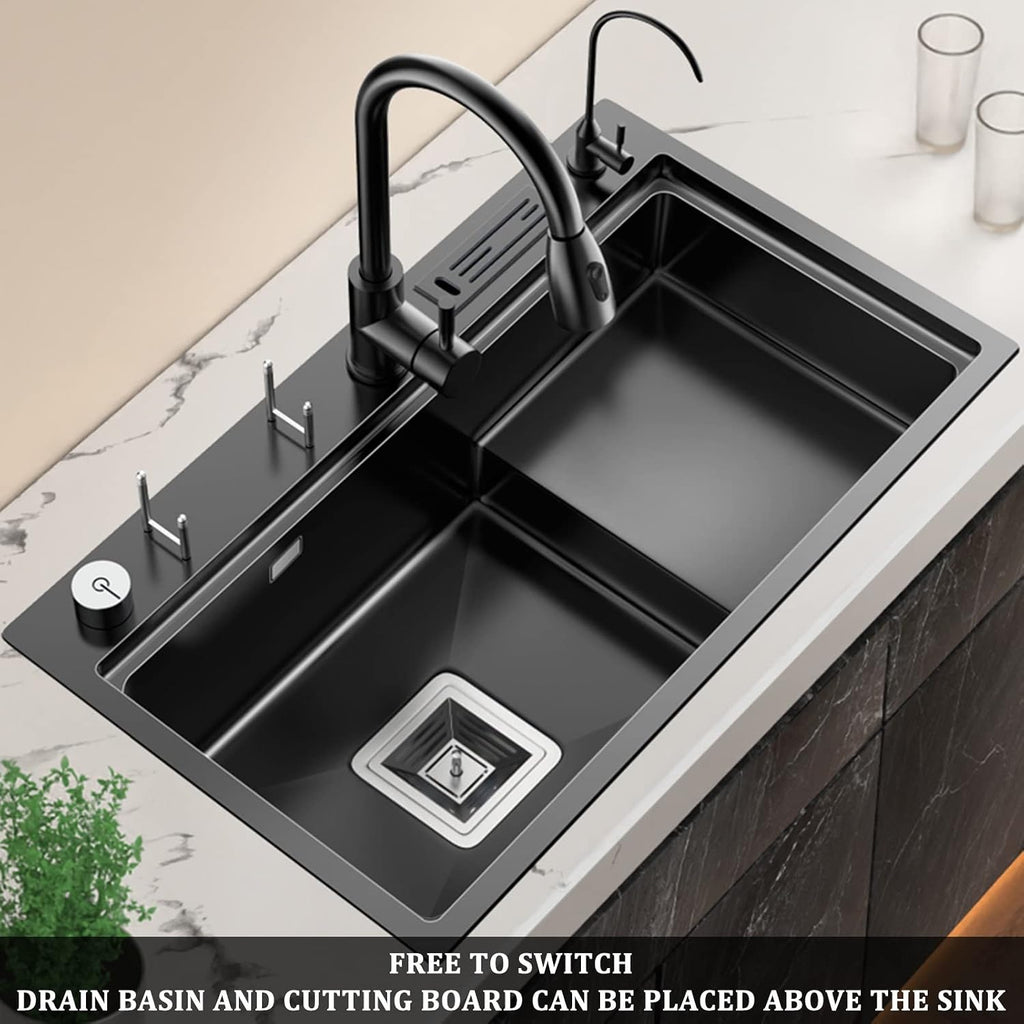 Stepped Kitchen Sink 304 Stainless Steel Single Bowl Bar Prep Sink Multi-functional RV Sink with Faucet and Cup Washer Top Mount Or Undermount (Color : Black, Size : 80x47x20cm) (Black 78x46x20cm)