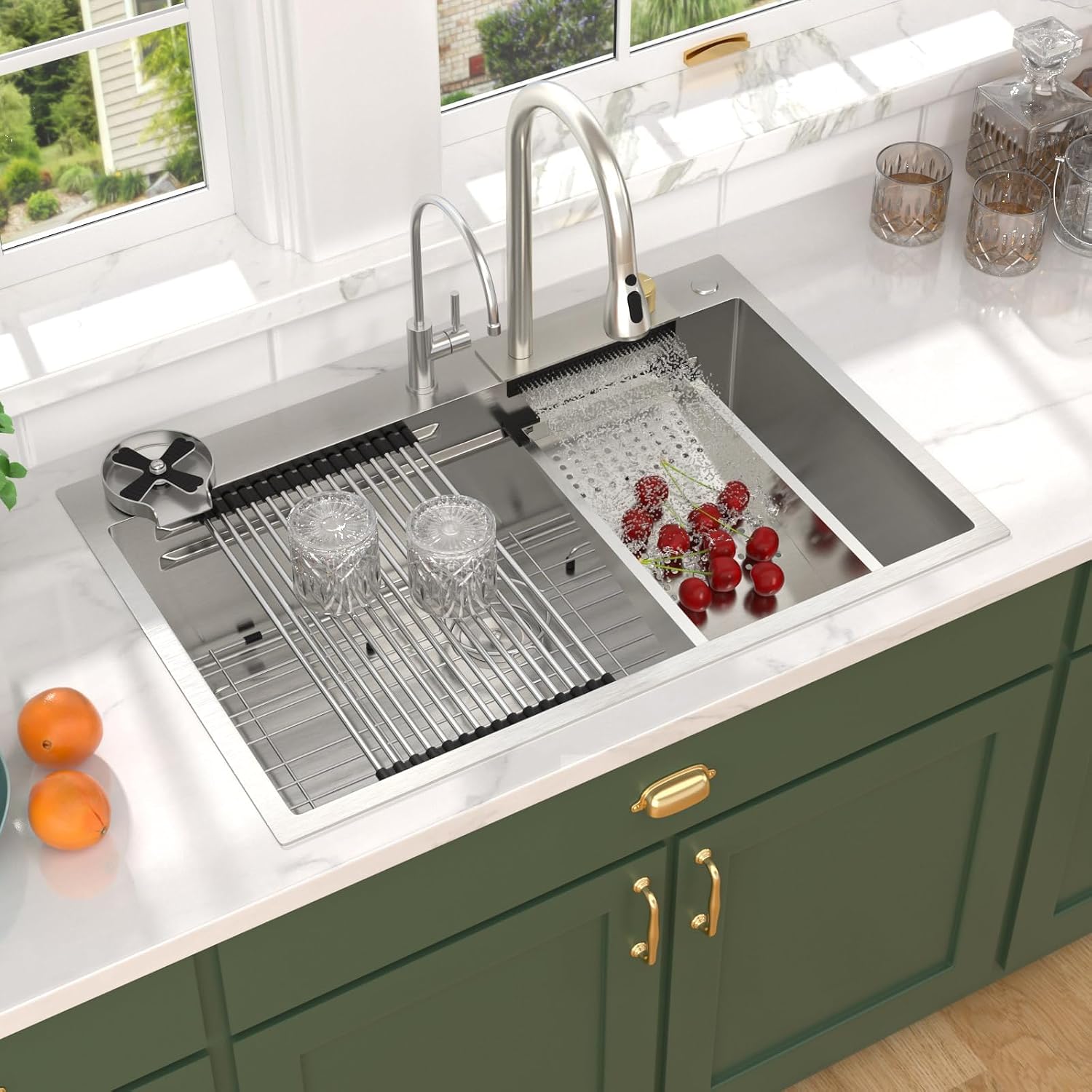 33x22 Drop In Stainless Steel Kitchen Sink with Faucet, Single Bowl Topmount Sink 16 Gauge, Waterfall Feature & Cup Washer, Workstation Accessories for Residential Kitchen #TLWF-0002