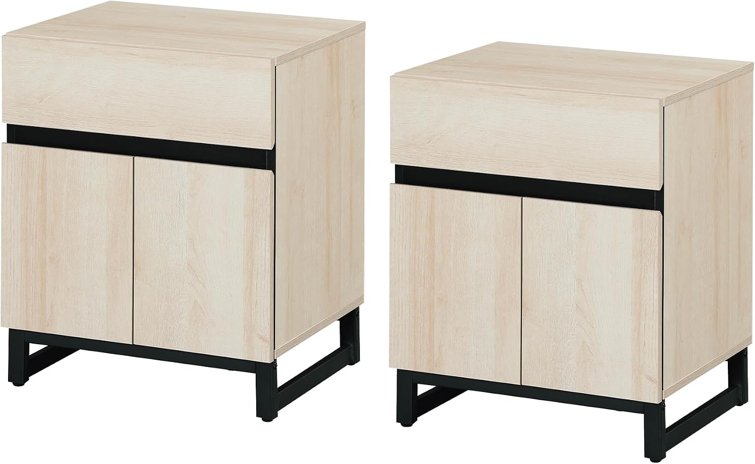 WAMPAT 2 Piece Modern End Table with 1 Drawer & 1 Storage Cabinet, Farmhouse Sofa Table, Wooden Rustic Side Sofa Table Metal Leg for Living Room, Nighstand for Bedroom, Light Oak