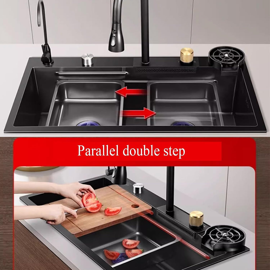 Waterfall Kitchen Sink Stainless Steel with Knife Rack, Black Faucet with Sprayer of 3 Modes, Single Bowl Kitchen Sink with Cup Washer Pull Down Sprayhead Faucet(Black,75 * 45cm)