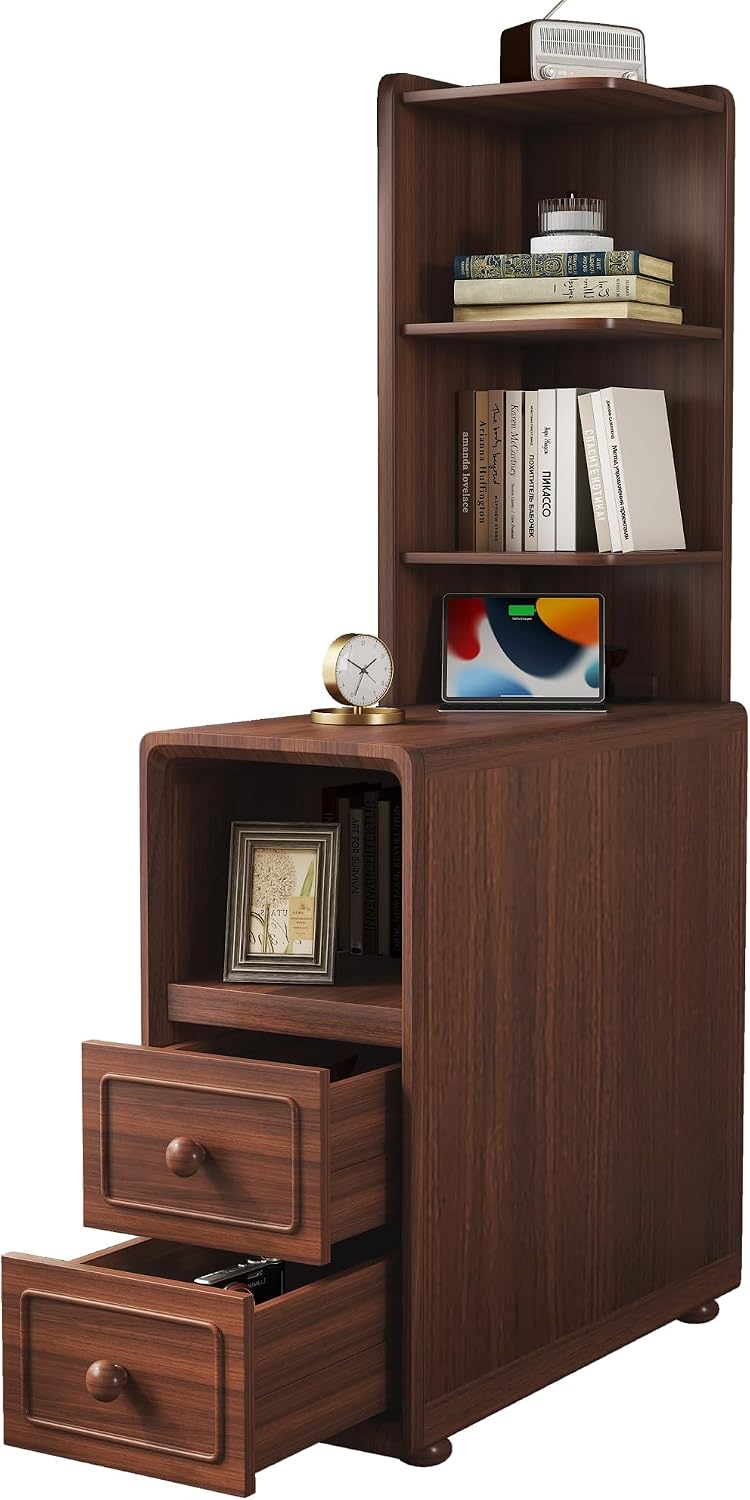 GDFStudio End Table with 2 Drawers & 3 Open Shelves, Corner Side Table with Reversible Top Shelves & Charging Station, 2 USB Ports & AC Outlets, Ideal for Bedroom & Living Room, Walnut Finish