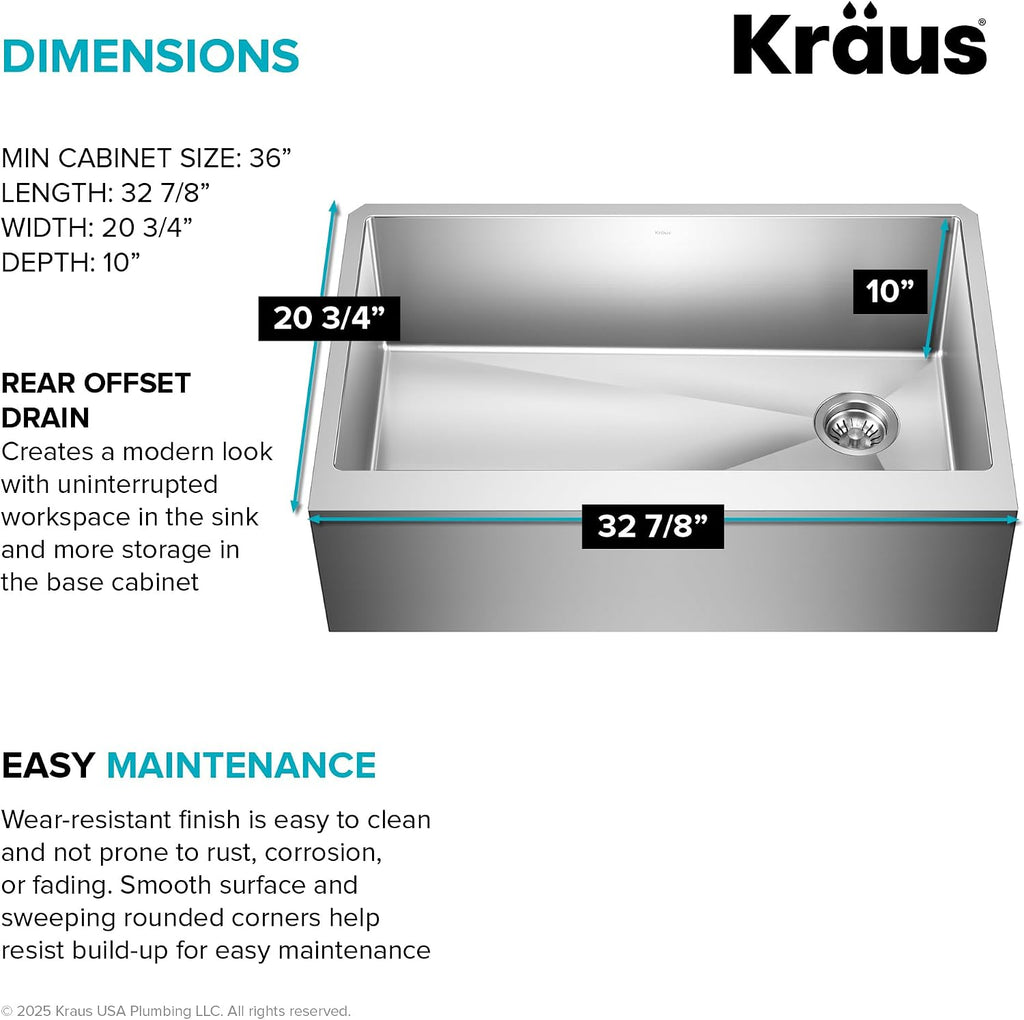KRAUS Standart Pro 33-Inch Flat Apron Front Farmhouse 16-Gauge Single Bowl Stainless Steel Kitchen Sink, KHF410-33