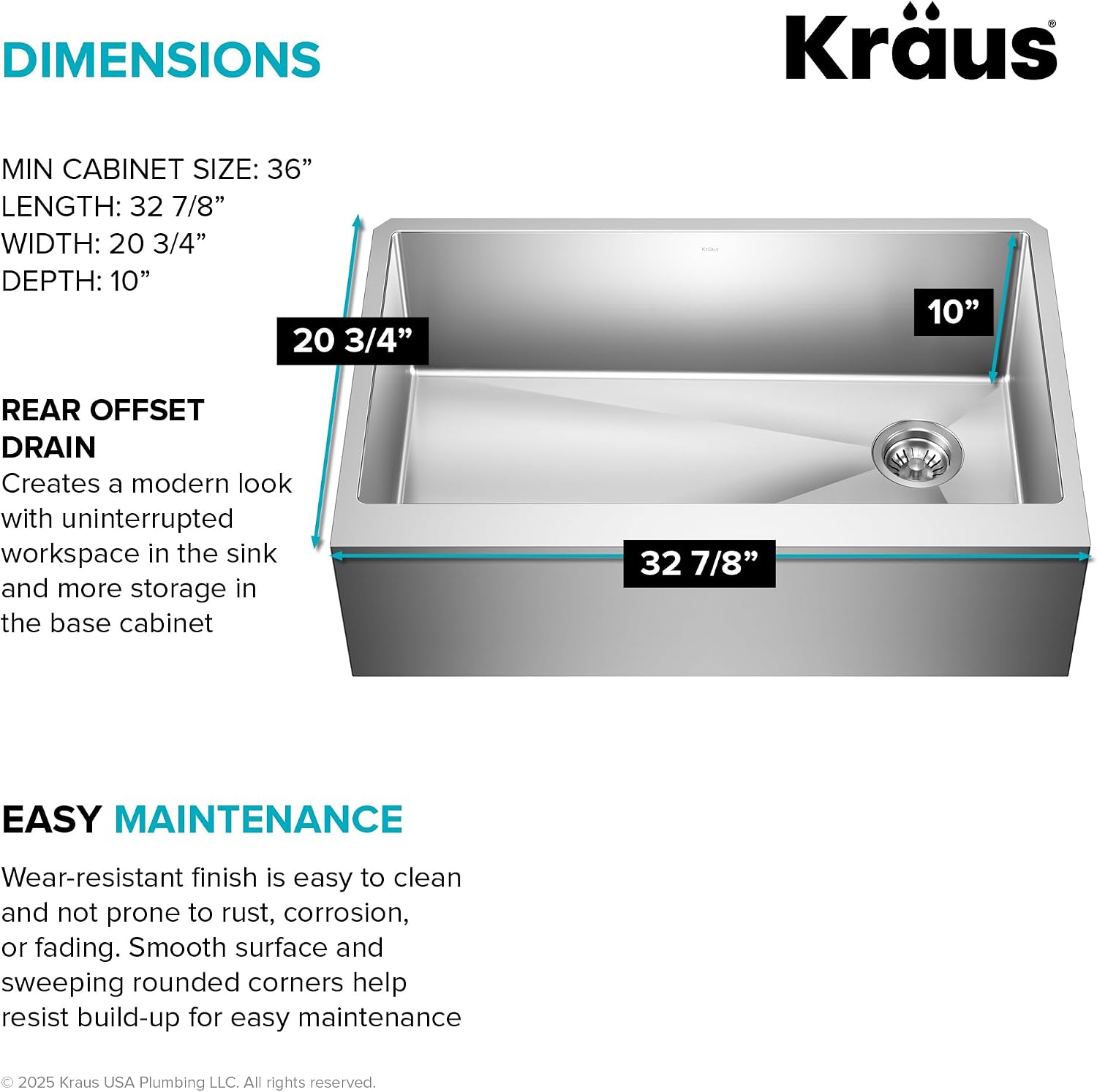 KRAUS Standart Pro 33-Inch Flat Apron Front Farmhouse 16-Gauge Single Bowl Stainless Steel Kitchen Sink, KHF410-33