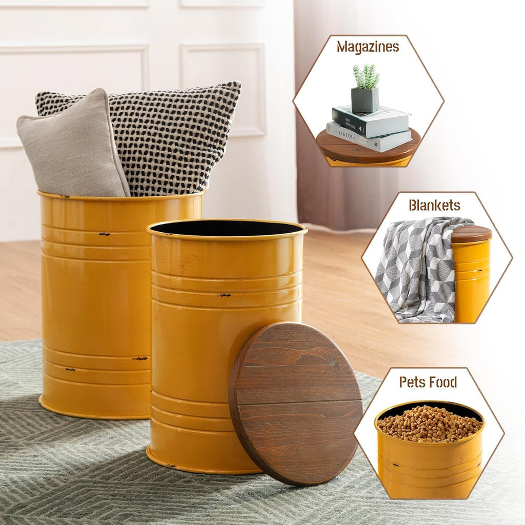Glitzhome 4-Piece Galvanized Side Table Set, Metal Farmhouse Barrel Toy Box Bins with Round Wood Lid, Rustic Ottoman Seat Stool with Large Storage Space, for Living Room, Bedroom,Yellow