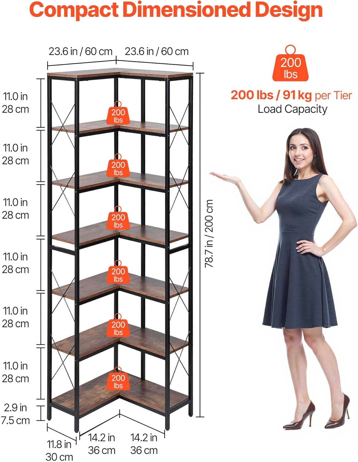 VEVOR 7 Tier Corner Bookshelf, 79' Tall Corner Bookcase with Heavy Duty Metal Frame & Wooden Shelves, Industrial Reversible L Shaped Corner Display Shelf for Bedroom, Living Room, Office