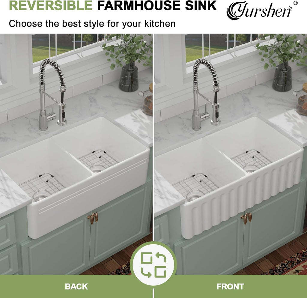 33 Inch White Fireclay Farmhouse Sink 50/50 Double Bowl Apron Front Ceramic Kitchen Sinks Extra Large Country Barn Style Farmer Sink Basin, 33'X18'X10' #YSAC0201