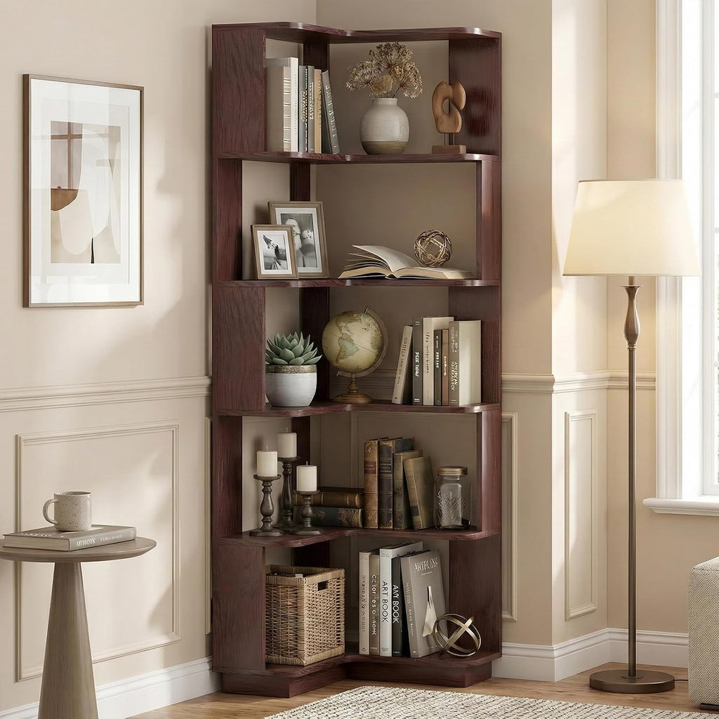 5 Tier Corner Bookshelf, Freestanding L-Shaped Wooden Bookcase with Open Shelves, Anti-Fall Panels and Anti-Tipping Device for Living Room, Bedroom, Home Office (Ox Blood Red)