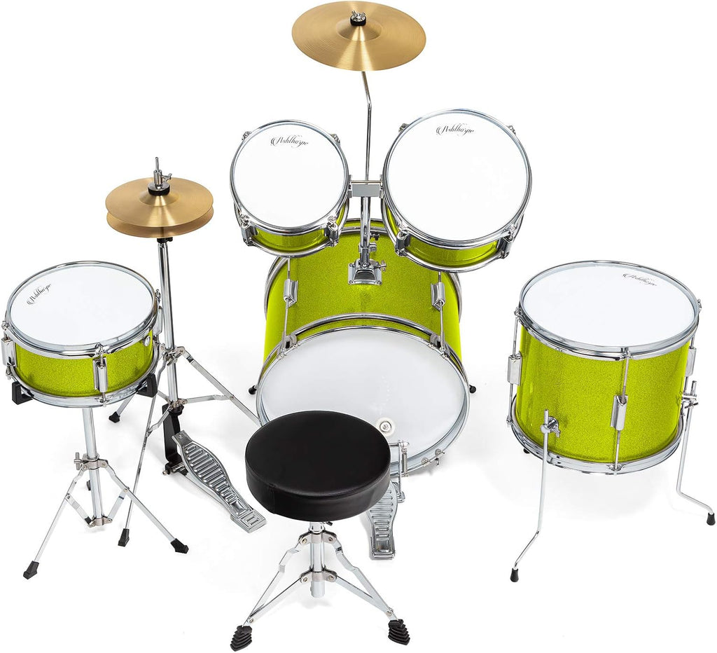 Ashthorpe 5-Piece Complete Junior Drum Set with Genuine Brass Cymbals - Advanced Beginner Kit with 16' Bass, Adjustable Throne, Cymbals, Hi-Hats, Pedals & Drumsticks - Green